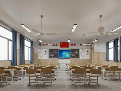 School Classroom Interior With Desks Chairs Blackboard National Flag Fans Wall Charts And Windows 3d model