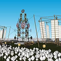 Chinese Style Farm Tool Art Installation With Windmills Floral Decorations On Illuminated Evening Grassland