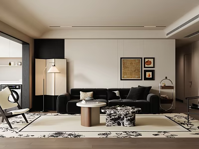 Modern Living Room Interior Design With Black Sofa Coffee Table Area Rug And Wall Art 3d model