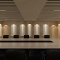 Modern Conference Room Interior with Long Table Black Chairs Wooden Walls and Linear Lights