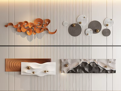 Modern Wall Decor With Orange Wavy And Black White Circular Striped Artistic Elements 3d model
