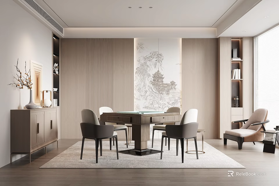 Hotel Mahjong Room with Mahjong Table Chairs Landscape Painting and Wooden Walls Design 3d model