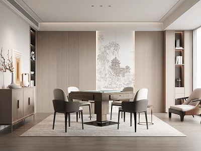 Hotel Mahjong Room with Mahjong Table Chairs Landscape Painting and Wooden Walls Design 3d model