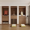 Three Modern Wooden Buddhist Altar Cabinets With Buddha Statue Red Scripture And Decorations