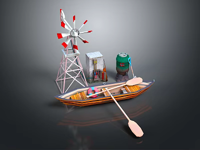Modern Decorative Model Scene With Windmill Boat Small House Green Barrel And Paddle 3d model