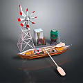 Modern Decorative Model Scene With Windmill Boat Small House Green Barrel And Paddle