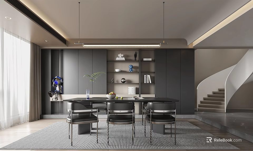 Modern Restaurant Interior Design With Dining Table Chairs And Decorative Shelves 3d model