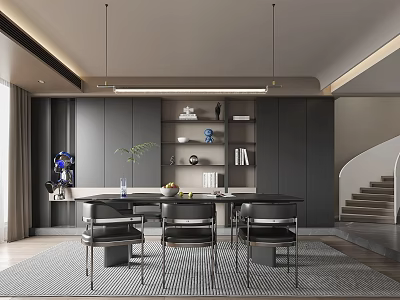 Modern Restaurant Interior Design With Dining Table Chairs And Decorative Shelves 3d model