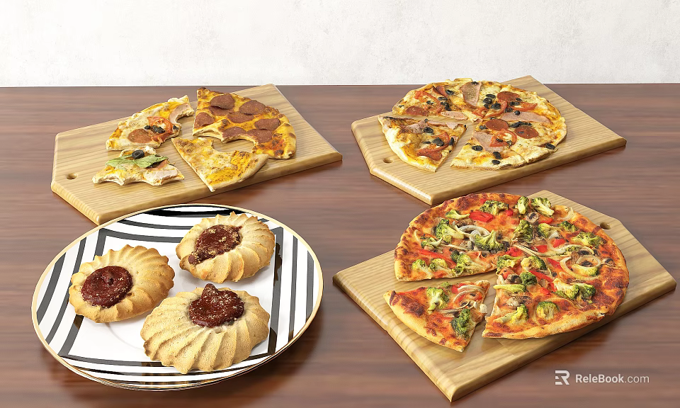 Assorted Delicious Pizzas with Various Toppings and Stuffed Cookies on Wooden Trays 3d model 