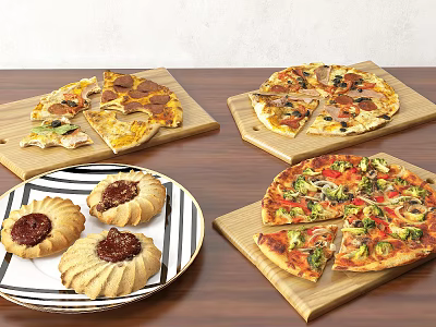 Assorted Delicious Pizzas with Various Toppings and Stuffed Cookies on Wooden Trays 3d model