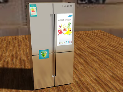 Stainless Steel Double Door Refrigerator With Fruit Display On Wooden Countertop 3d model