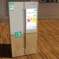 Stainless Steel Double Door Refrigerator With Fruit Display On Wooden Countertop