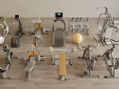 Modern Gym Sports Equipment Featuring Treadmill Dumbbells Weight Benches And Bikes 3d model