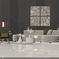 Elegant Modern Living Room Sofa And Round Coffee Table Set With Pendant Lights And Artwork