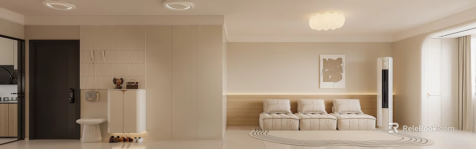 Cozy Modern Cream Style Living And Dining Room With Warm Ambient Lighting And Plush Sofas 3d model 
