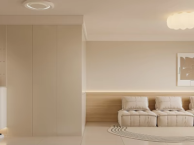 Cozy Modern Cream Style Living And Dining Room With Warm Ambient Lighting And Plush Sofas 3d model