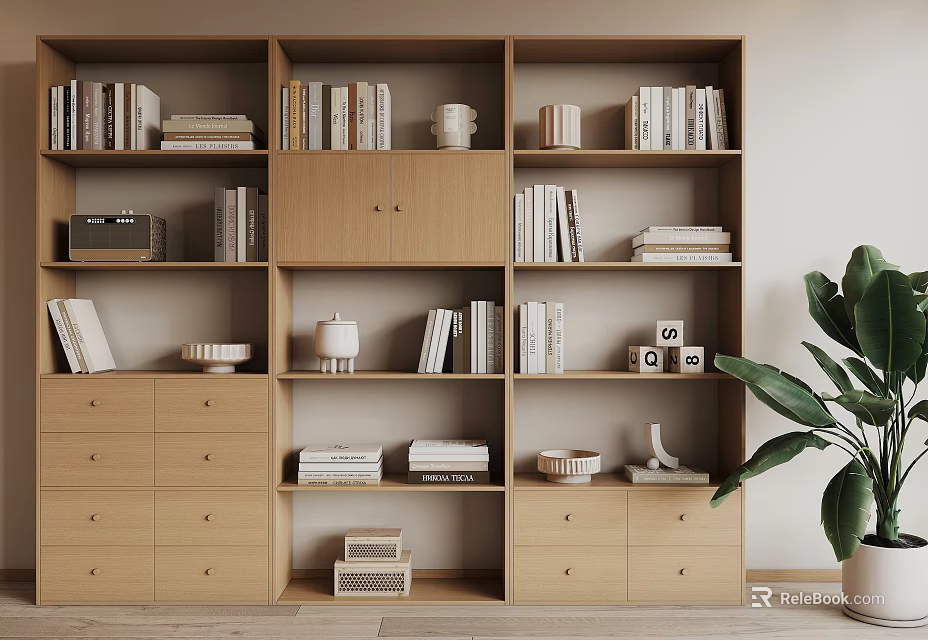 Wooden Bookcase With Multiple Shelves Drawers Books And Decorative Items Near Potted Plant 3d model 