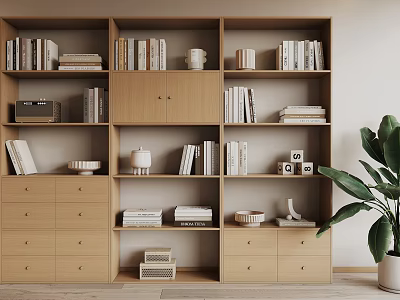 Wooden Bookcase With Multiple Shelves Drawers Books And Decorative Items Near Potted Plant 3d model