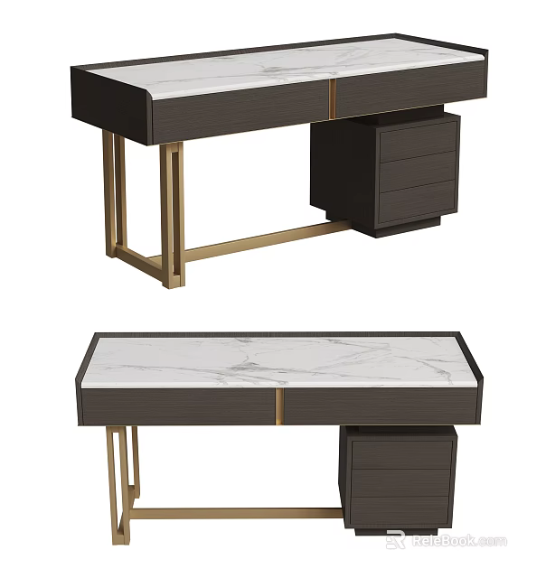 Elegant Modern Desk Design With Marble Top Black Cabinet And Gold Metal Legs 3d model 