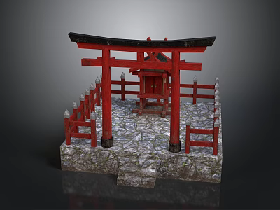 Traditional Japanese Red Torii Gate Featuring Black Top Red Fences And Stone Platform With Steps 3d model