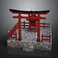 Traditional Japanese Red Torii Gate Featuring Black Top Red Fences And Stone Platform With Steps