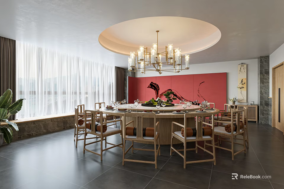 Modern Private Dining Room Interior With Round Table Chandelier And Red Wall 3d model