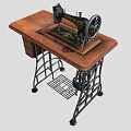 Vintage Sewing Machine On Wooden Table With Metal Frame And Storage Shelf