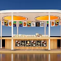 Modern Mall Shop Featuring Curved White Roof Yellow Lights Colorful Posters Wooden Counter And Products