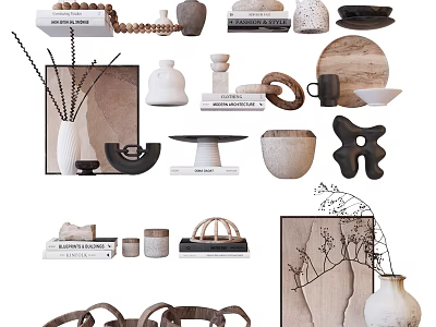 Modern Decorative Ornament Set With Vases Sculptures Wooden Plates And Ceramic Bowls 3d model