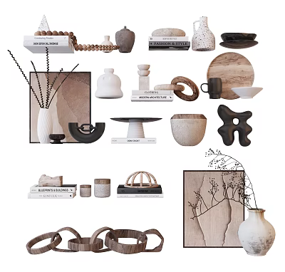 Modern Decorative Ornament Set With Vases Sculptures Wooden Plates And Ceramic Bowls 3d model
