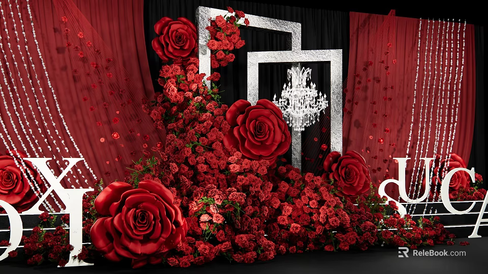 Romantic Photo Spot With Red Roses Silver Frames Crystal Chandelier And Red Curtains 3d model 