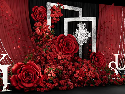 Romantic Photo Spot With Red Roses Silver Frames Crystal Chandelier And Red Curtains 3d model