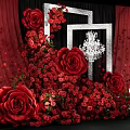 Romantic Photo Spot With Red Roses Silver Frames Crystal Chandelier And Red Curtains