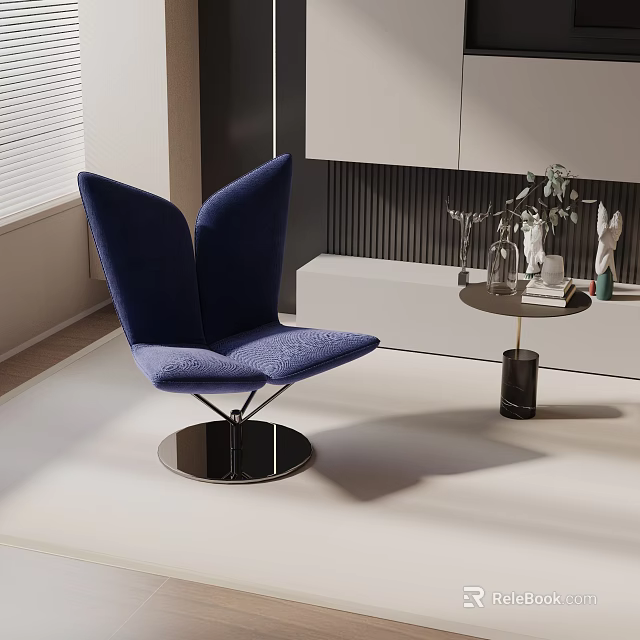 Blue Plush Accent Chair With Butterfly Wing Design Metal Base And Side Table In Modern Interior 3d model 