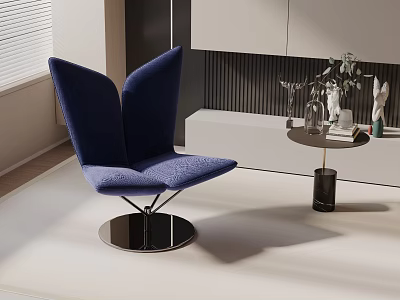 Blue Plush Accent Chair With Butterfly Wing Design Metal Base And Side Table In Modern Interior 3d model