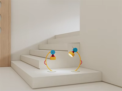 Two Modern Minimalist Table Lamps On White Steps With Yellow Base Red Blue Heads 3d model