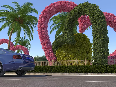 Beautiful Garden Landscape With Pink Flower Arch Green Topiary And Palm Trees By Roadside 3d model
