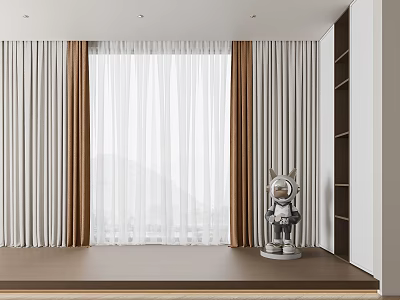 White Sheer Curtains With Brown Side Panels In Modern Room Interior By Window 3d model