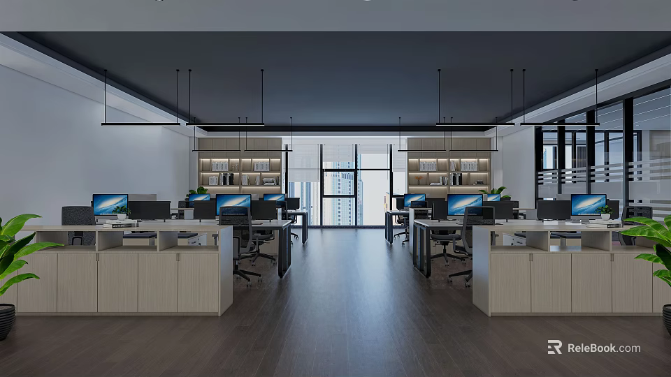 Modern Public Office Space With Desks Computers Bookshelves And Large Windows 3d model