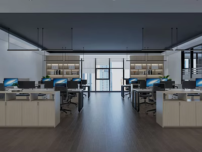 Modern Public Office Space With Desks Computers Bookshelves And Large Windows 3d model