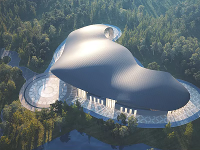 Aerial Planning of Modern Forest Architecture with Curved Roof and Waterbody 3d model