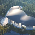 Aerial Planning of Modern Forest Architecture with Curved Roof and Waterbody