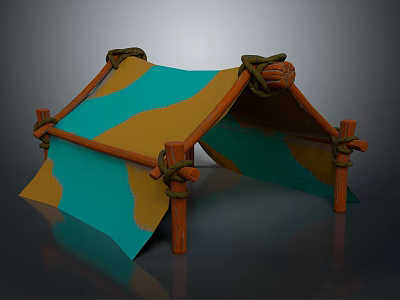 Tent Structure Supported By Wooden Poles With Blue And Yellow Fabric And Rope Ties 3d model