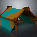 Tent Structure Supported By Wooden Poles With Blue And Yellow Fabric And Rope Ties