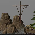 Rustic Courtyard Garden With Haystacks Wooden Pole Red Rope Straw Bundles And Wooden Cart