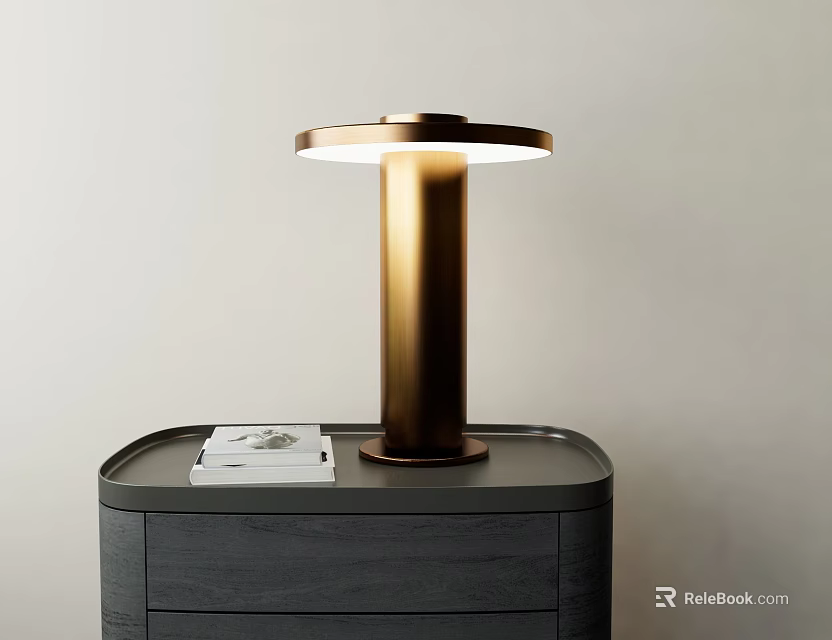 Brass Cylindrical Table Lamp With Round Shade On Dark Wooden Cabinet And White Book 3d model 