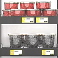 Display Refrigerator with Glass Door and Shelves Holding Red and Gray Containers with Yellow Labels