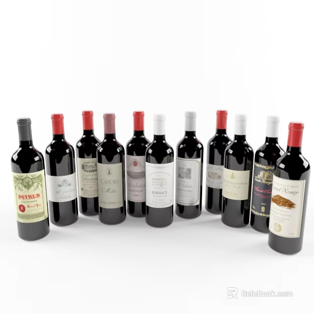 Assorted Wine Bottles With Different Labels Arranged In Curved 3d model 