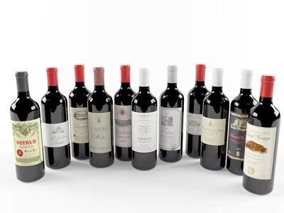 Assorted Wine Bottles With Different Labels Arranged In Curved 3d model
