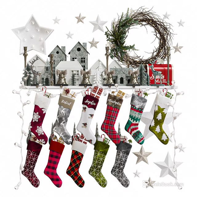 Festive Christmas Decorative Ornament Set with Stockings Stars Mini Houses and Wreath 3d model 